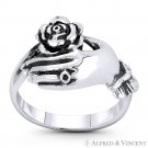 Rose Flower on Hand Love Charm Right-Hand Stackable Ring in .925 Sterling Silver Rose Flower on Hand Love Charm Right-Hand Stackable Ring in .925 Sterling Silver