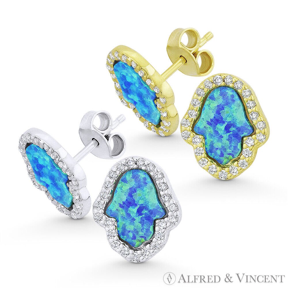 Hamsa Hand of Fatima LabCreated Opal Evil Eye Stud Earrings 925