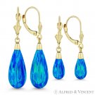 Ocean Blue Lab-Created Opal 14k Yellow Gold Leverback Long Drop Dangle Earrings
