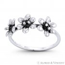 Triple Lily Flower Charm Right-Hand Stackable Boho Ring in .925 Sterling Silver