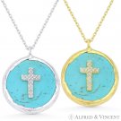 Cross Christian Charm CZ Turquoise Enamel 925 Sterling Silver Pendant & Necklace