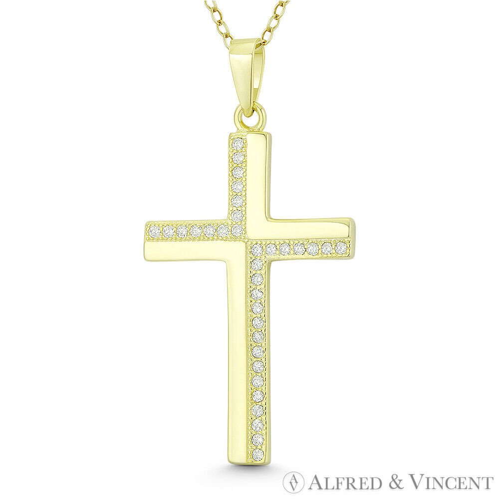 Flat Latin Crucifix Cross Cubic Zirconia 925 Sterling Silver Gold ...