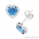 Heart-Cut Simulated Blue Topaz CZ Crystal Halo 925 Sterling Silver Stud Earrings