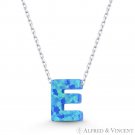 Initial Letter E Blue Lab-Created Opal 10mm Pendant 925 Sterling Silver Necklace