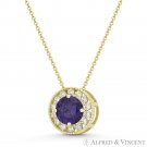 Round Simulated Amethyst Cubic Zirconia Halo 14k Yellow Gold 9mm Slider Pendant Round Simulated Amethyst Cubic Zirconia Halo 14k Yellow Gold 9mm Slider Pendant