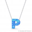Initial Letter P Blue Lab-Created Opal 10mm Pendant 925 Sterling Silver Necklace Initial Letter P Blue Lab-Created Opal 10mm Pendant 925 Sterling Silver Necklace