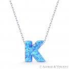 Initial Letter K Blue Lab-Created Opal 10mm Pendant 925 Sterling Silver Necklace