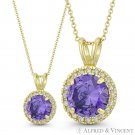 Round Cut Simulated Amethyst & Cubic Zirconia CZ Halo Pendant in 14k Yellow Gold Round Cut Simulated Amethyst & Cubic Zirconia CZ Halo Pendant in 14k Yellow Gold
