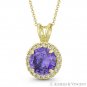 Round Cut Simulated Amethyst & Cubic Zirconia CZ Halo Pendant in 14k Yellow Gold