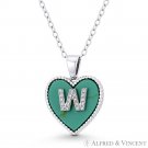 Initial Letter W CZ & Turquoise Heart Charm 925 Sterling Silver Necklace Pendant