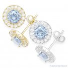 Round Simulated Aquamarine Cubic Zirconia Halo 925 Sterling Silver Stud Earrings Round Simulated Aquamarine Cubic Zirconia Halo 925 Sterling Silver Stud Earrings