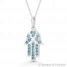 Hamsa Hand Evil Eye Charm Simulated Blue Topaz CZ Crystal 14k White Gold Pendant