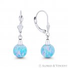 Azure Blue Lab-Created Opal Ball 14k White Gold Leverback Drop Dangling Earrings
