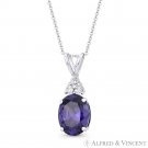 Oval Simulated Amethyst & Round Cubic Zirconia CZ Fashion Pendant 14k White Gold