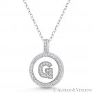 Initial Letter "G" CZ Crystal 925 Sterling Silver Rhodium 20x15mm Circle Pendant