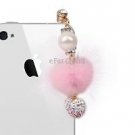 Fashion Diamond Heart & Plush Ball Style Earphone Dock Port Anti-dust Plug Pink
