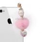 Fashion Diamond Heart & Plush Ball Style Earphone Dock Port Anti-dust Plug Pink