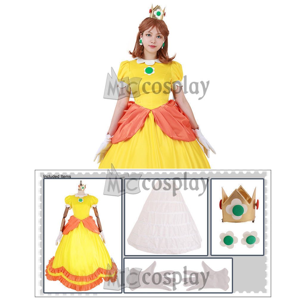 Princess Daisy Cosplay Costume Super Mario BROS Women Yellow Dress