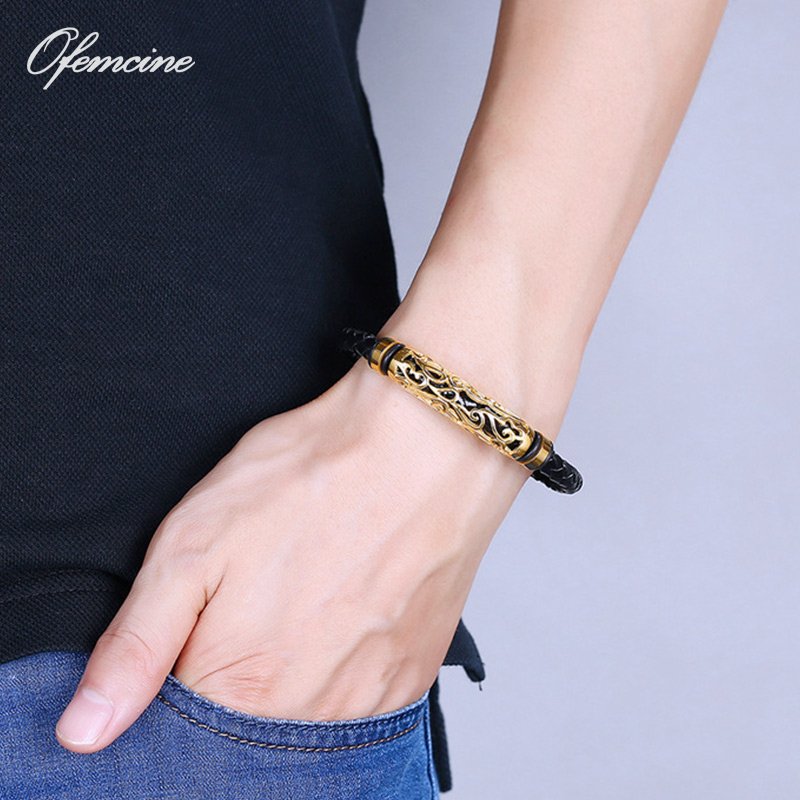 Ofemcine Mens Braided Genuine Leather Bracelet Stainless Steel Charm Punk Bangles Jewellery