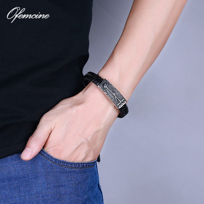 Ofemcine Retro Braided Genuine Leather Bracelet Stainless Steel Charm Punk Bangles Jewellery