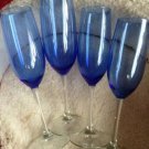 4 Gorgeous Cobalt Blue And Clear  Champagne Stem Glasses 9.25" Tall