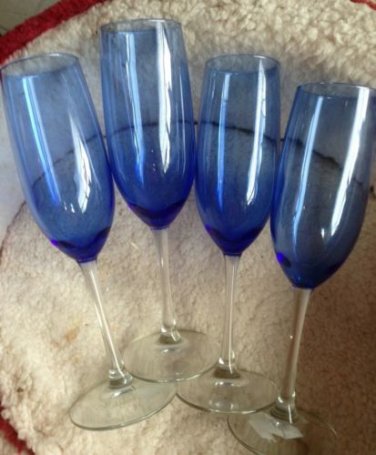 4 Gorgeous Cobalt Blue And Clear  Champagne Stem Glasses 9.25" Tall