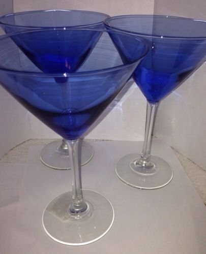 Cobalt Blue Clear Stem Large Martini Glasses Set of 7 Clear Stem Blue Bowl  Vintage Stemware 