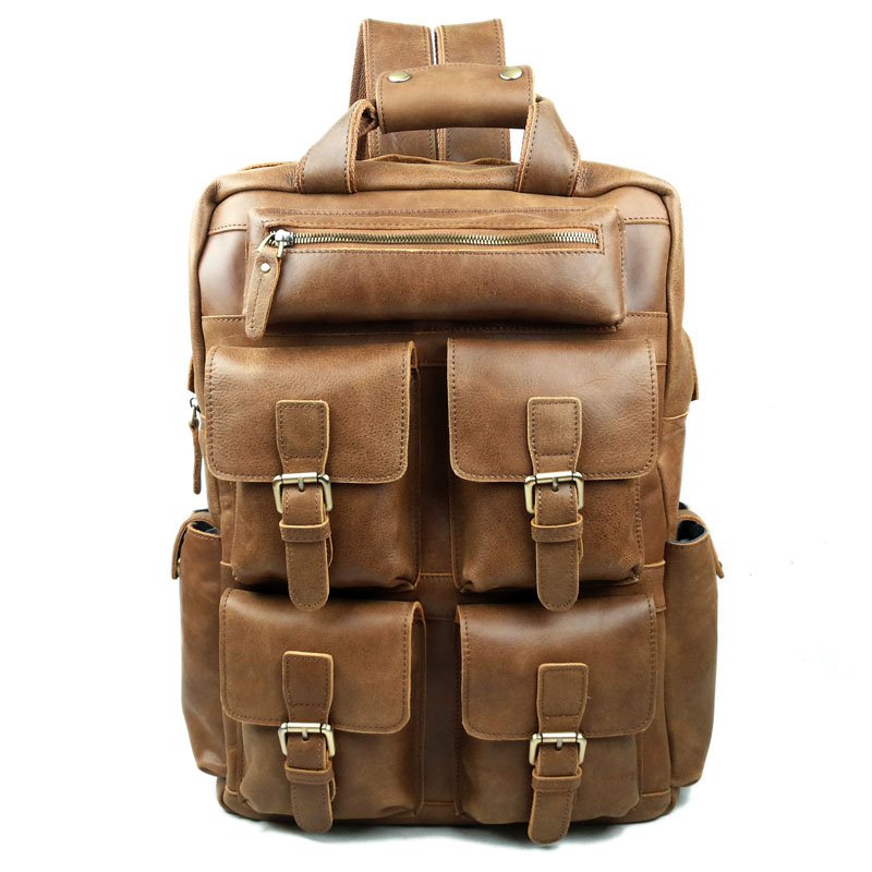 Brown Genuine 4 Pocket Leather Backpack Schoolbag Travelling Hiking Camping Bag