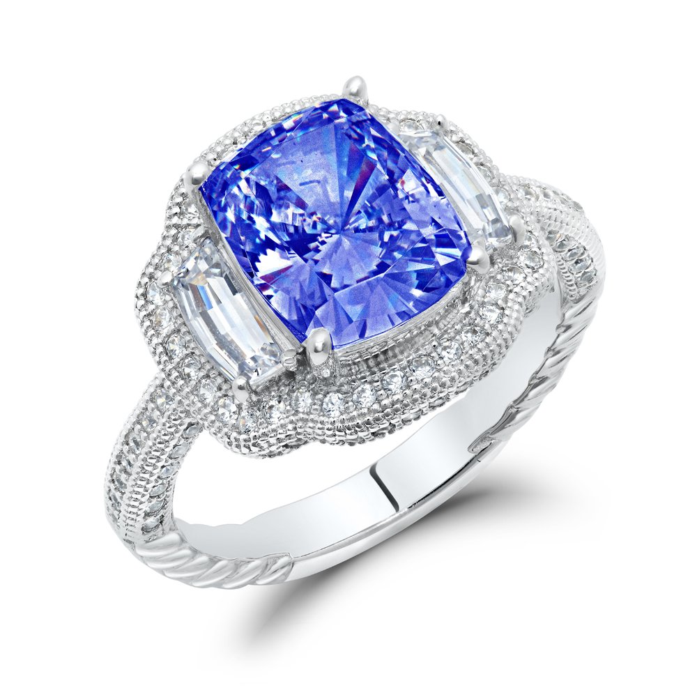 Sapphire Blue Cushion Cut Center Signaty Diamond .925 Sterling Silver ...