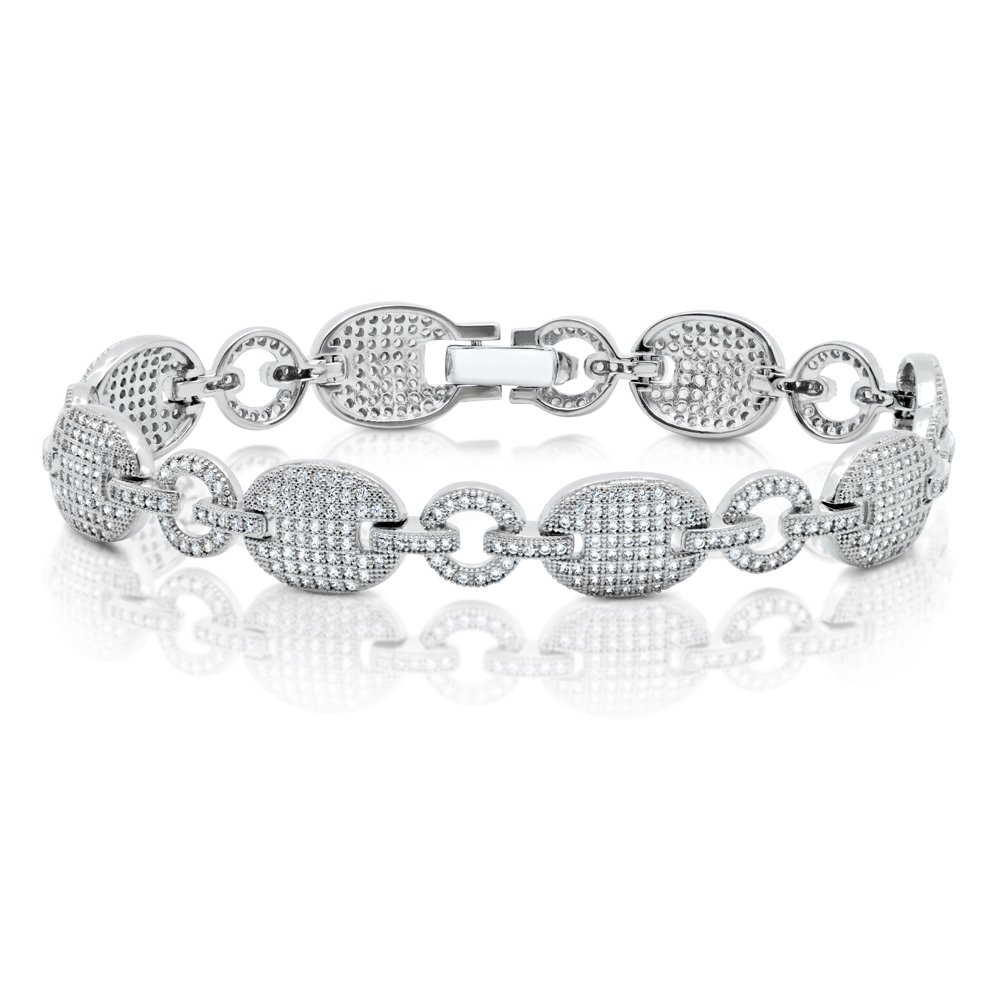 Oval & Round Shape Link Signaty Diamond Ladies Link Bracelet Solid Sterling Silver .925 Micro Pave