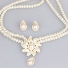 Glass Pearl Swirly Flower With Teardrop Pendant Necklace & Earrings Set
