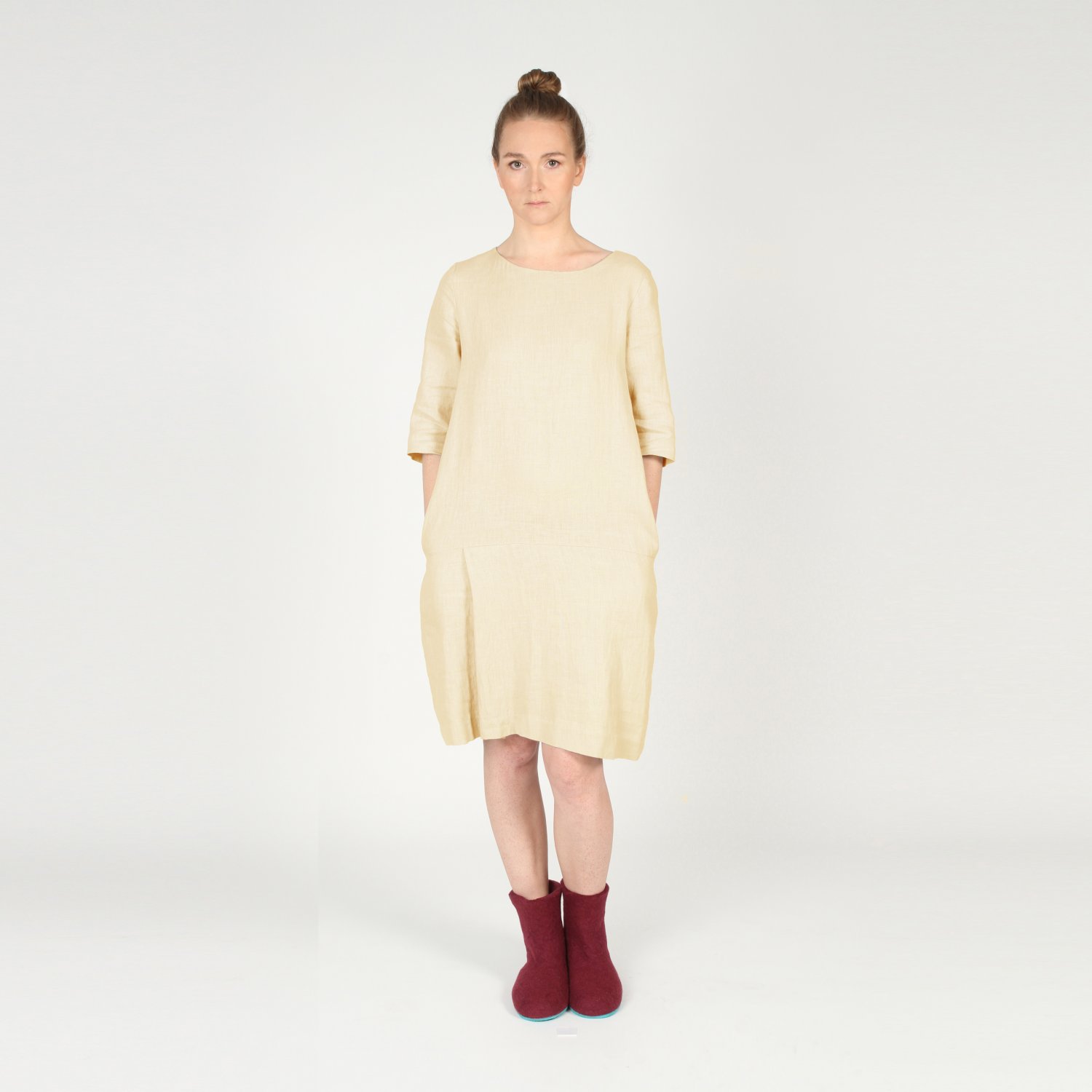Mustard Sand Washed Linen Dress. Side Pockets, Pleat and Length of ...