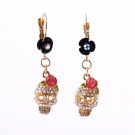 Designer Rose Flower Skull Crystal Dangle Earrings