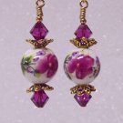 Fuchsia Swarovski & Pink Ceramic Bead Ooak Earrings