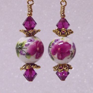 Fuchsia Swarovski & Pink Ceramic Bead Ooak Earrings