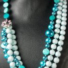 Retro Artisan Blue Pearl & Stardust Bead 3 Strand Necklace with Pink Swarovski Crystals
