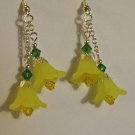 Yellow Lucite Flwr & Fern Green and Sunflower Crystal Swarovskis Elements Earrings