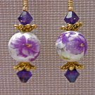 Purple Flower Handpainted Porcelain & Purple Swarovski Crystal Elements Earrings