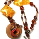 Red & Yellow Amber Beaded Ooak Polymer Focal Couture Necklace