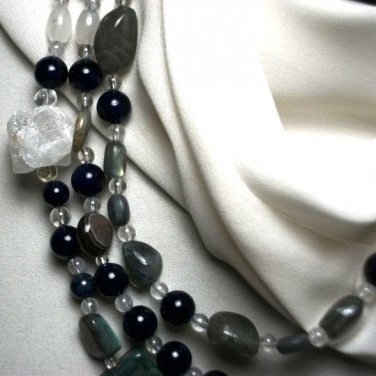 3 Strand Gemstone One of a Kind Beaded Necklace: Labradorite, Ocean Jasper, & Quartz; Couture