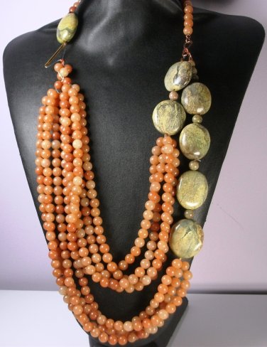 Orange / Green Jasper Gemstone Statement Necklace & Earrings - One of a Kind!; Couture