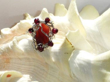 Harvest Tidings-Silver fill Wire Wrapped Citrine & Garnets Gemstone  Ring Size 7 1/2