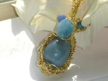 Blue Sky Seraphim - Angelite, Agate Wire wrapped Pendant Necklace
