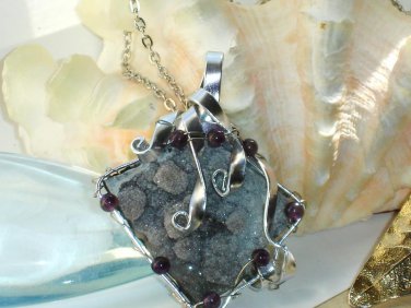 Ice Wine _ Flower Amethyst Druzy Geode Wire wrapped Pendant Necklace