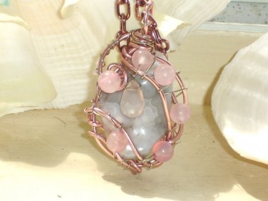 Adina- Botswana Agate Pink Tourmaline Wire wrapped Pendant Necklace; Bohemian Artisan