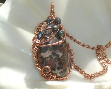 Red Leopard- Leopard skin Jasper Pearls Wire wrapped Pendant Necklace