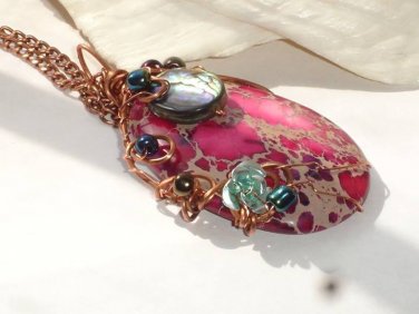 Passion at Sunset-Sea sediment Imperial Jasper Wirewrapped Pendant Necklace