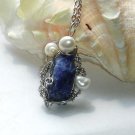 Denim & Pearls- Sodlite Pearls Quartz Wirewrapped Pendant Necklace