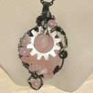 Steampunk Rose- Rose quartz Cog Black Wire Wirewrapped Pendant Necklace