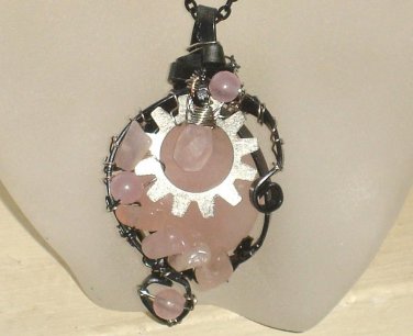 Steampunk Rose- Rose quartz Cog Black Wire Wirewrapped Pendant Necklace